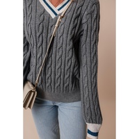 Medium Grey Color Contrast Ribbed Edge Cable Knit V Neck Sweater - 2XL thumbnail