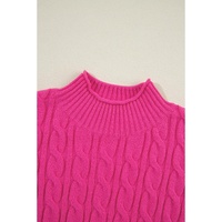 Rose Red Solid Cable Knit High Neck Drop Shoulder Sweater - S thumbnail