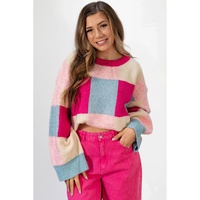 Rose Red Color Block Drop Shoulder Crewneck Loose Fit Sweater - XL thumbnail