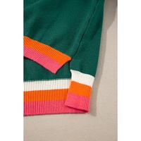 Blackish Green Colorblock Striped Trim Drop Shoulder Sweater - L thumbnail