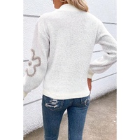 White Contrast Flower Half Zipper Stand Neck Sweater - XL thumbnail