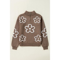 Parchment Contrast Flower Half Zipper Stand Neck Sweater - L thumbnail