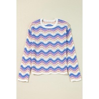 Purple Stripe Wavy Pointelle Knit Drop Shoulder Sweater - M thumbnail