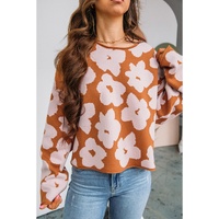 Brown Floral Pattern Crew Neck Long Sleeve Loose Sweater - L thumbnail