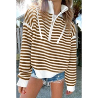 Khaki Stripe Zip up Collar Drop Shoulder Sweater - L thumbnail