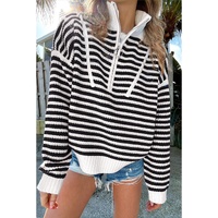 Black Stripe Zip up Collar Drop Shoulder Sweater - S thumbnail