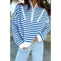 Sky Blue Stripe Zip up Collar Drop Shoulder Sweater - S thumbnail
