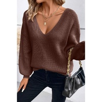 Coffee Lantern Sleeve V Neck Knot Back Sweater - L thumbnail