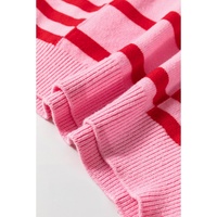 Pink Stripe Bubble Sleeve Drop Shoulder Ribbed Trim Sweater - L thumbnail