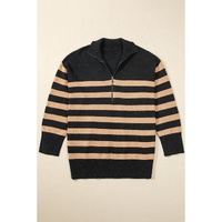Black Stripe Collared Quarter Zipper Oversized Sweater - L thumbnail