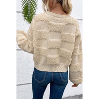 Parchment Checkered Sherpa Crew Neck Loose Sweater - L thumbnail