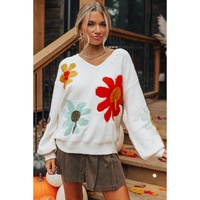 White Big Flower Pattern V Neck Drop Shoulder Sweater - M thumbnail