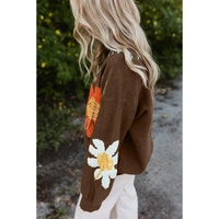 Coffee Big Flower Pattern V Neck Drop Shoulder Sweater - L thumbnail