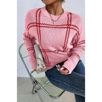 Pink Plaid Pattern Knitted Drop Shoulder Sweater - XL thumbnail