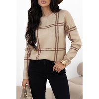 Khaki Plaid Pattern Knitted Drop Shoulder Sweater - L thumbnail