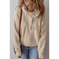 Beige Solid Color Drawstring Hooded Drop Shoulder Pullover Sweater - M thumbnail