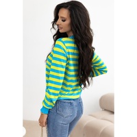 Green Stripe Crew Neck Drop Shoulder Casual Sweater - L thumbnail