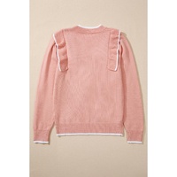 Light Pink Ruffled Bowknot Ribbed Trim Long Sleeve Sweater - L thumbnail