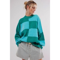 Green Checkered Side Slits Drop Shoulder Oversized Sweater - M thumbnail