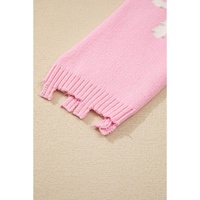 Pink Pearl Beaded Bowknot Pattern Distressed Split Hem Sweater - L thumbnail