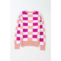 Pink Checkered Ribbed Edge O Neck Drop Shoulder Sweater - XL thumbnail