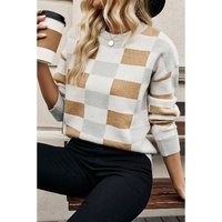Khaki Checkered Ribbed Edge O Neck Drop Shoulder Sweater - L thumbnail