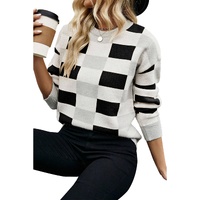 Black Checkered Ribbed Edge O Neck Drop Shoulder Sweater - M thumbnail