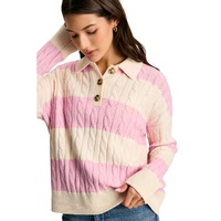 Pink Stripe Cable Knit Collared Henley Sweater - L thumbnail