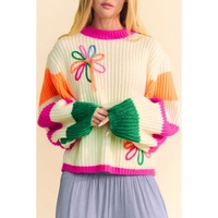 Beige Colorblock Flower Print Cable Knit Loose Sweater - L thumbnail