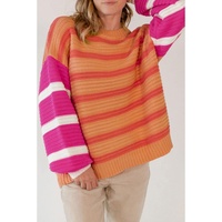 Orange Stripe Colorblock Crew Neck Drop Shoulder Loose Sweater - L thumbnail