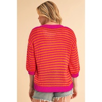 Rose Stripe 3/4 Puff Sleeve Drop Shoulder Sweater - S thumbnail
