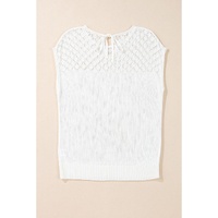 White Eyelet Knit Tied Back Short Sleeve Sweater - L thumbnail