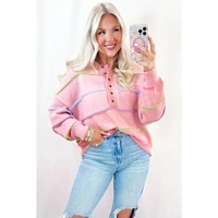 Pink Rainbow Stripes Drop Shoulder Baggy Henley Sweater - M thumbnail