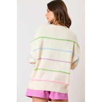 White Rainbow Stripes Drop Shoulder Baggy Henley Sweater - S thumbnail