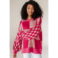 Rose Red Mixed Checkered Pattern Drop Shoulder Loose Sweater - L thumbnail