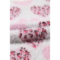Pink Heart Leopard Print Pearled Ribbed Trim Fuzzy Sweater - L thumbnail
