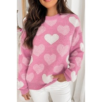 Pink Pearled Heart Print Valentines Crew Neck Sweater - S thumbnail