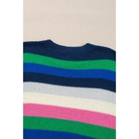Bright Green Rainbow Striped Crew Neck Drop Shoulder Sweater - M thumbnail