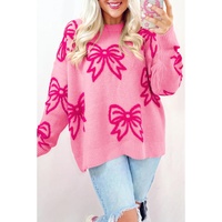 Pink Bow Pattern Drop Shoulder Loose Sweater - L thumbnail