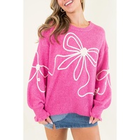 Bright Pink Corded Flower Bow Ribbed Trim Casual Sweater - L thumbnail