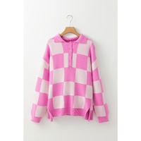Pink Checkerboard Half Button Collared Drop Shoulder Sweater - S thumbnail