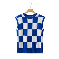 Dark Blue Cherckerboard Round Neck Sweater Vest - M thumbnail