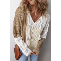 Brown Colorblock Hollow-out Front Tie V Neck Lightweight Sweater - L thumbnail