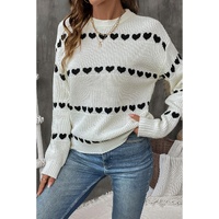 White Contrast Heart Pattern Crew Neck Sweater - S thumbnail