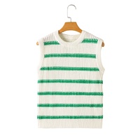 Bright Green Striped Round Neck Casual Sweater Vest - L thumbnail