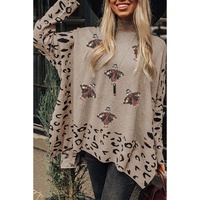 Khaki Sequin Turkey Leopard Mixed Pattern High Neck Sweater with Slits - M thumbnail