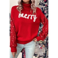 Racing Red Merry Graphic Sequin Sleeves Christmas Turtleneck Sweater - 2XL thumbnail