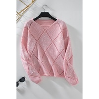 Light Pink Hollowed Rhombus Pattern Sequin Detail Round Neck Sweater - L thumbnail