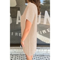 Oatmeal Patch Pocket Ribbed Knit Short Sleeve Sweater Dress - L thumbnail