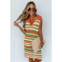 Yellow Stripe Eyelet Sleeveless Buttoned Split Neck Sweater Dress - L thumbnail